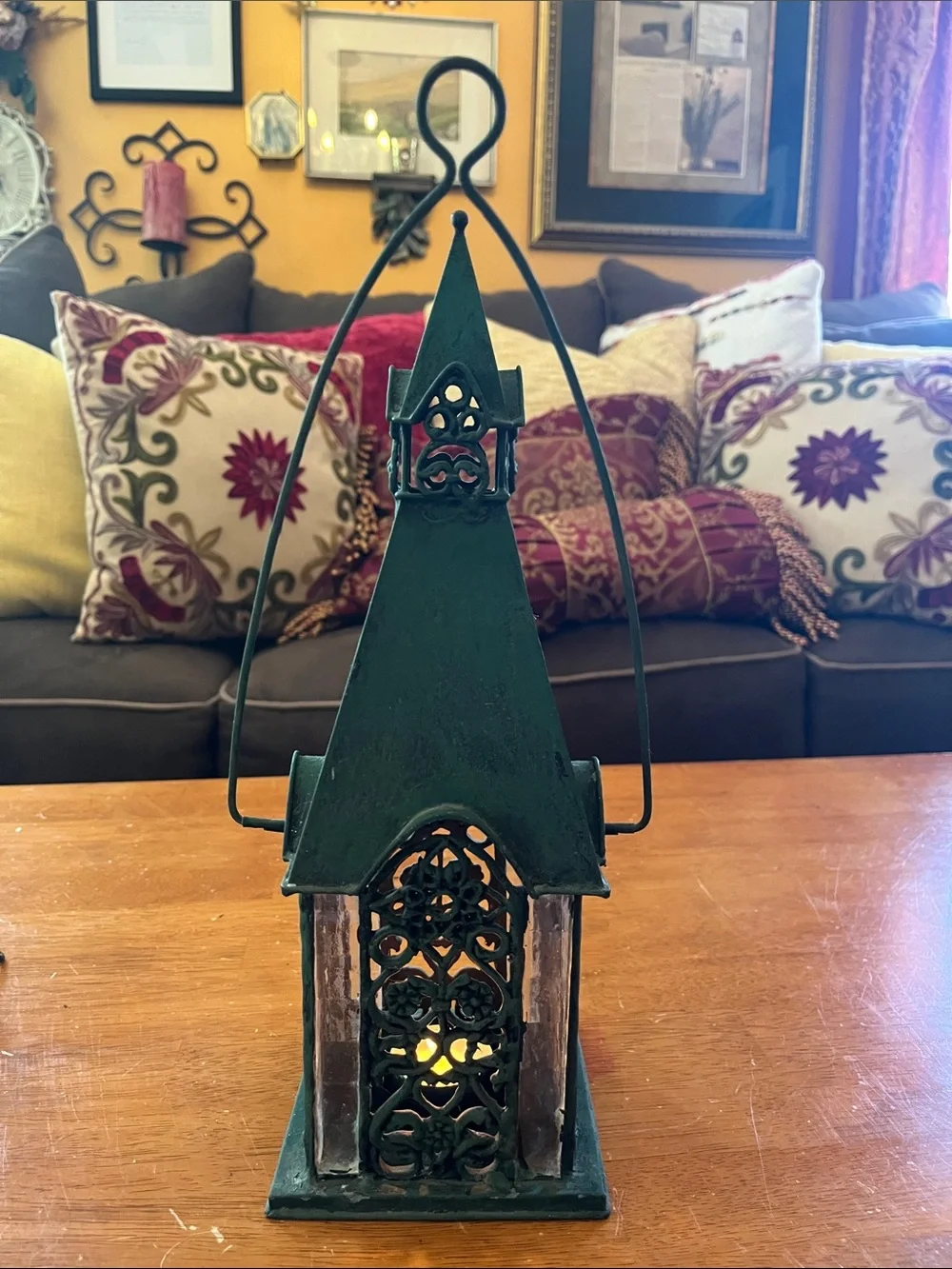 Green Decorative Metal and Glass Cathedral style tea light Lantern